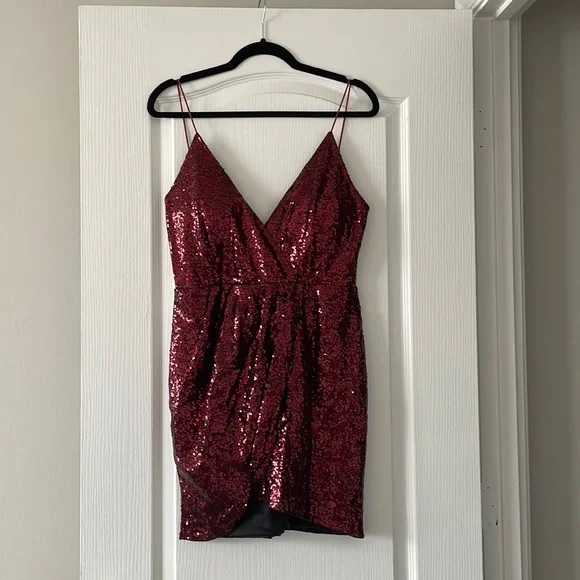Deep V Neck Backless Sequin Wrap Dress Burgundy SHEIN - Picture 2 of 7